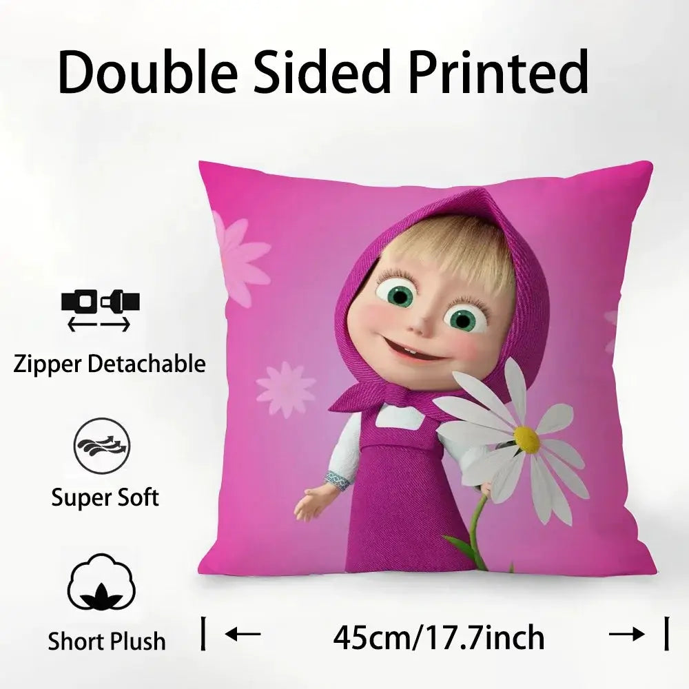 Simples Market M-Masha and B-Bears plush pillow cover, pink double-sided print with detachable zipper, 45cm
