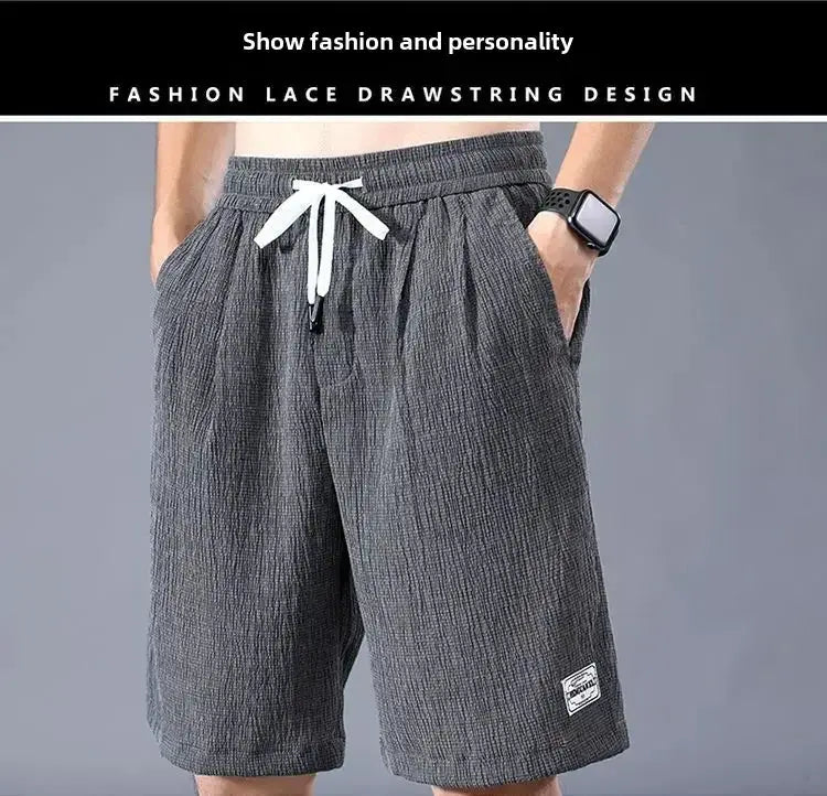 Men's grey ice-silk casual shorts with white drawstring and pockets