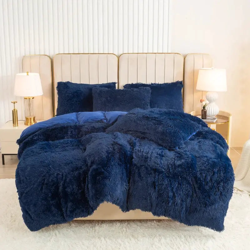 3-Piece Luxurious Plush Duvet Cover Set by Simples Market in navy blue, fluffy bedding on a beige bed