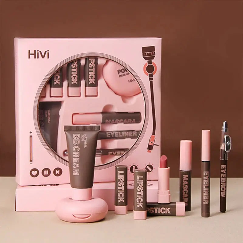 LuxeCosmetics Holiday Glow Nine Lipsticks Set With Powder BB Cream Eyebrow Pencil Mascara Eyeliner Christmas Makeup Kit