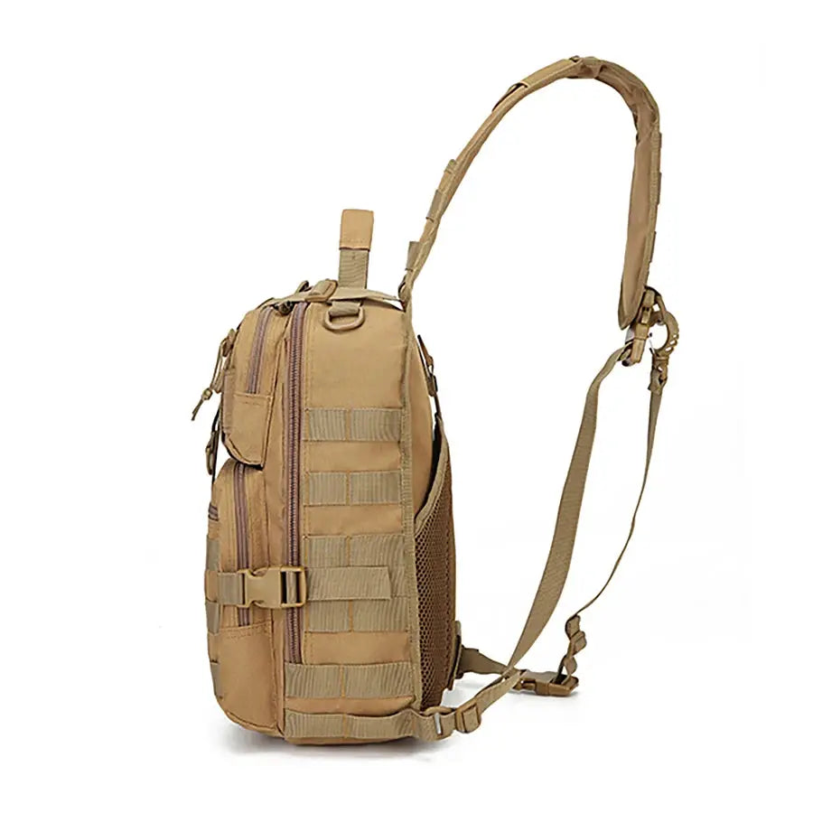Tactical sling bag for men, tan color with MOLLE webbing and crossbody strap.