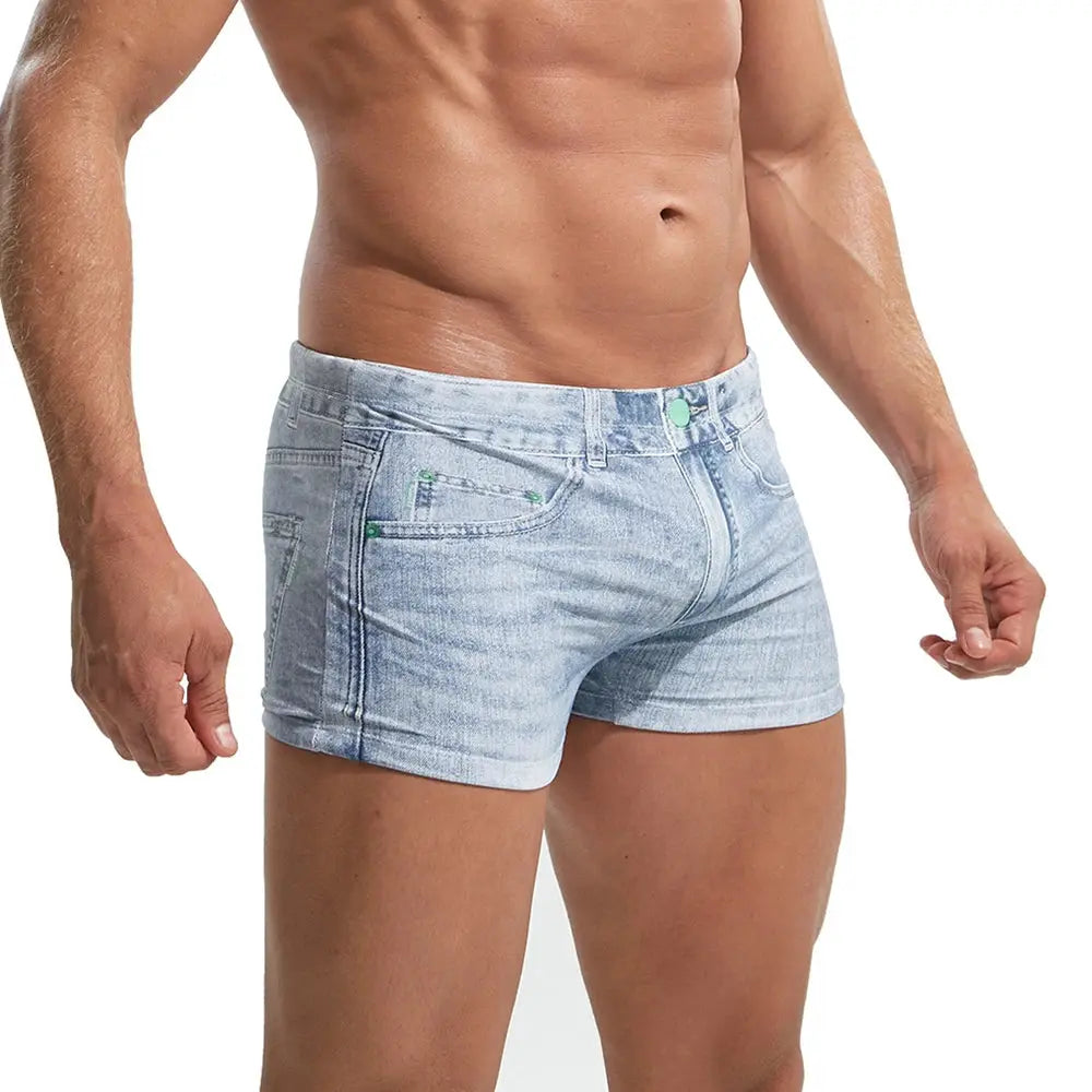 Men's 2XL denim-printed board shorts, breathable swim trunks in light-wash denim.