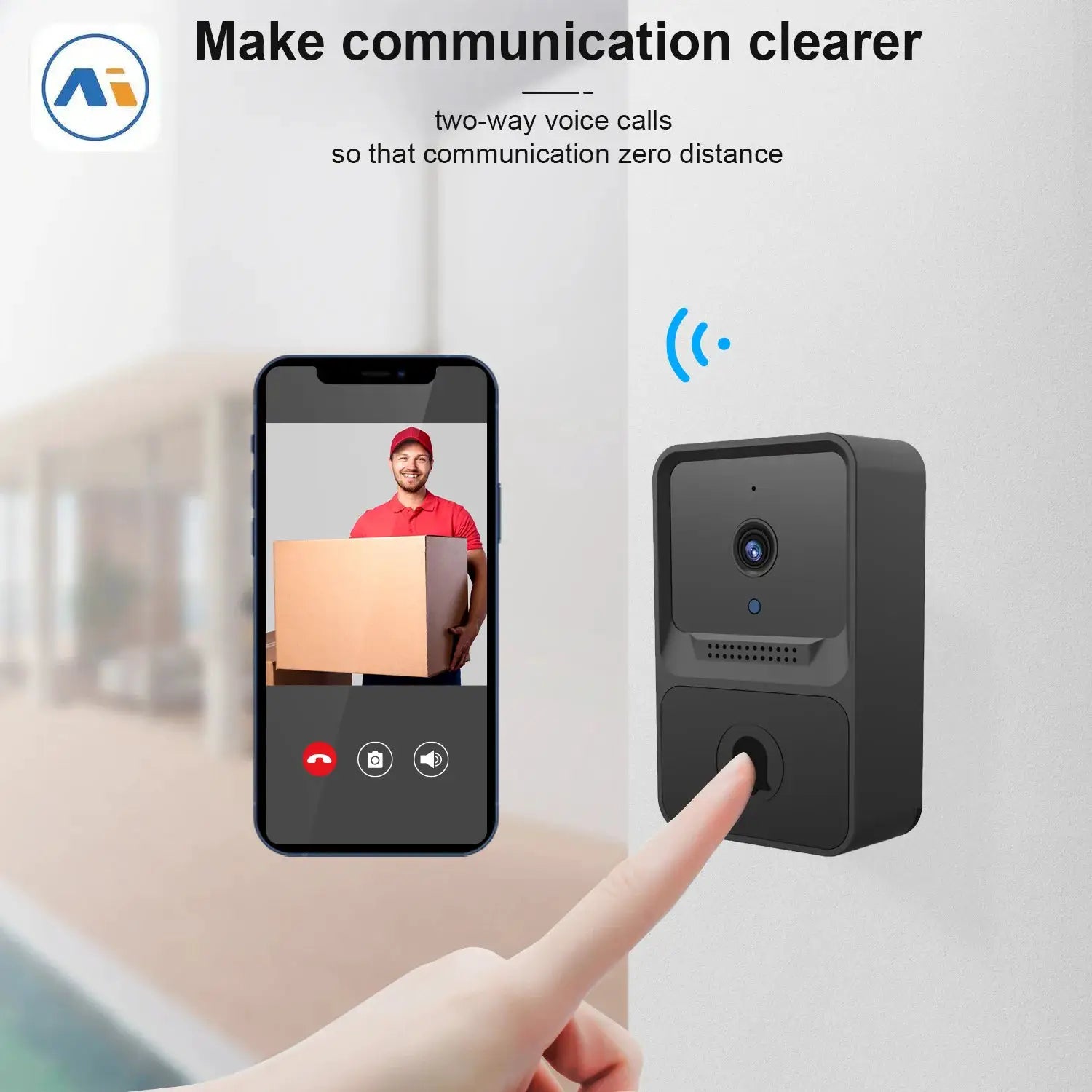 Wireless doorbell camera with HD video and night vision, outdoor black unit