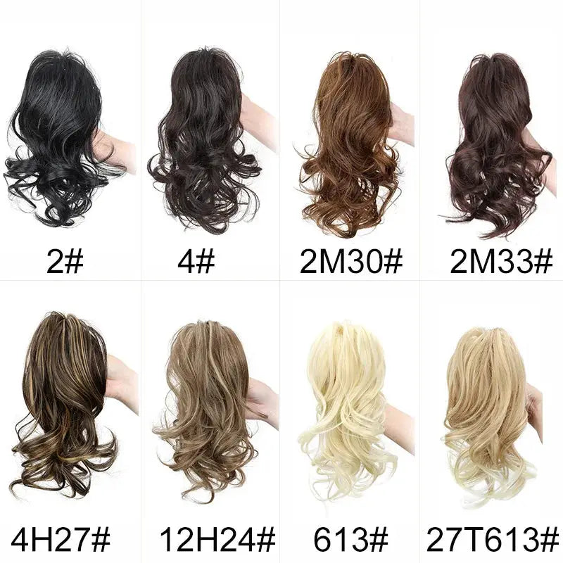 Set of 8 synthetic 12-inch curly ponytail claw-clip extensions in black, brown, and blonde shades
