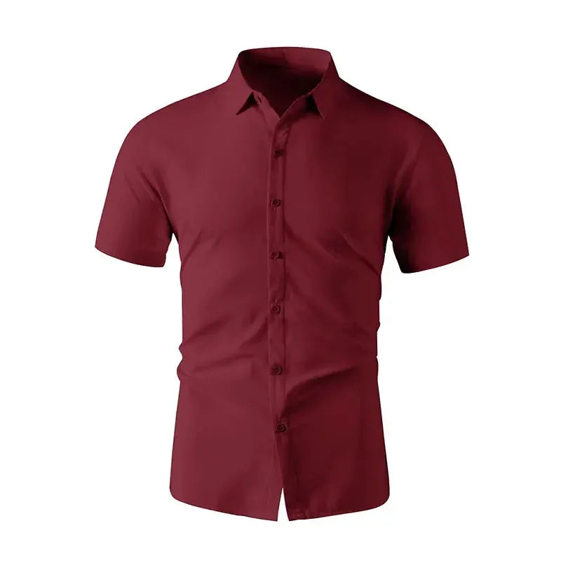 Men's maroon business casual short-sleeve shirt, solid color, button-front.