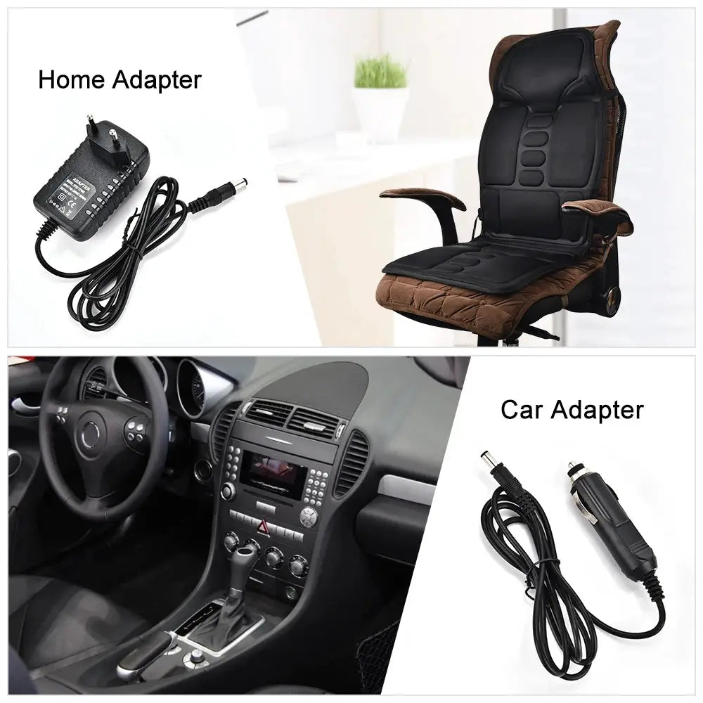 Massager chair pad by Simples Market with home and car adapters; black heated vibrating neck and back cushion