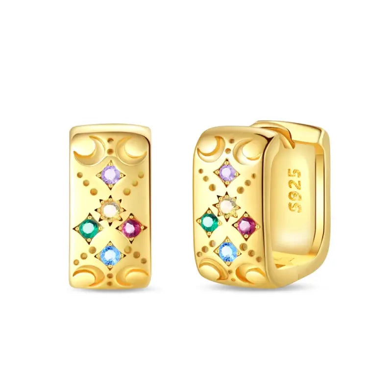 Gold-tone hoop earrings pair by Simples Market with colorful gemstone accents