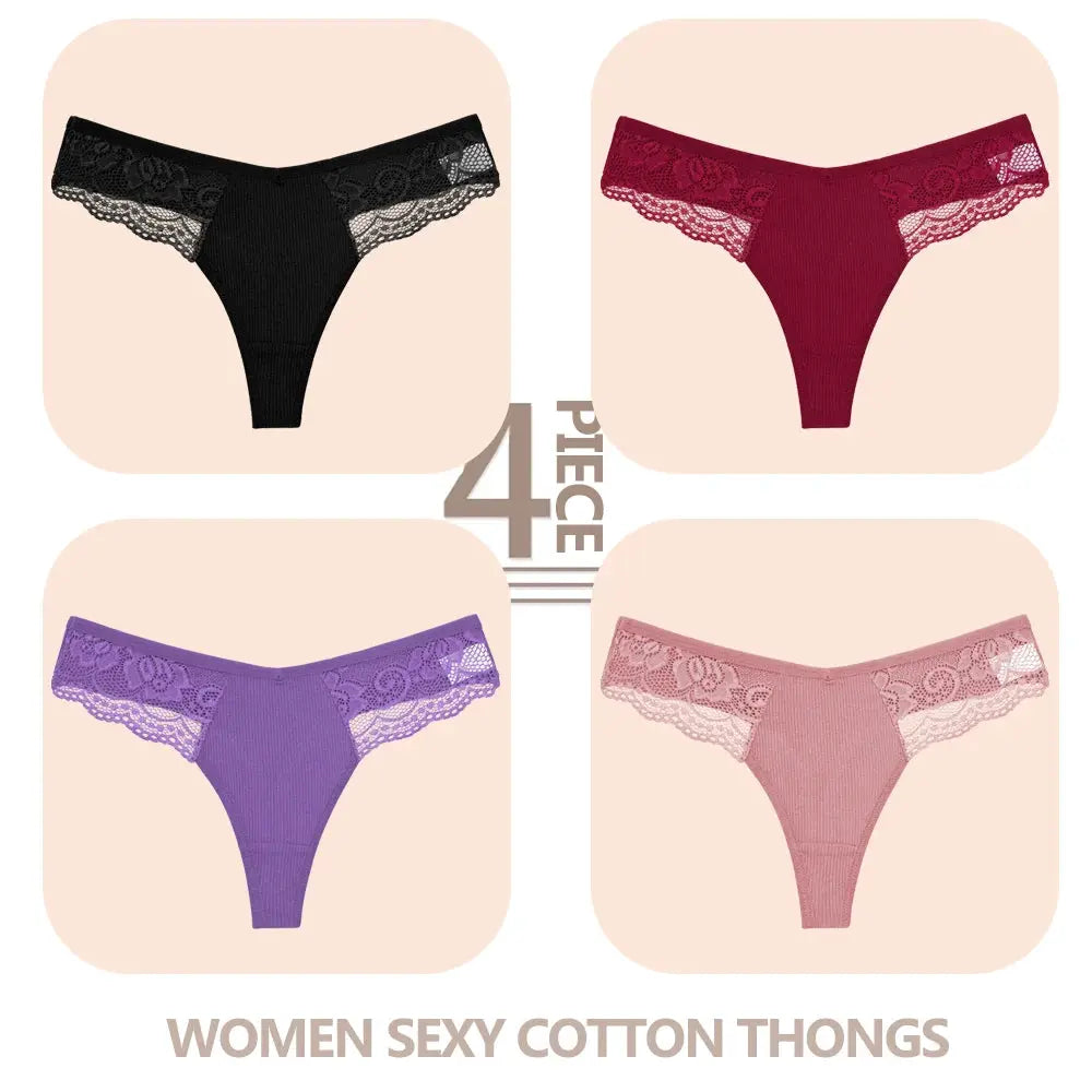 Simples Market women cotton lace thong set, 4 pcs, V-waist breathable underwear in black, burgundy, purple, pink.