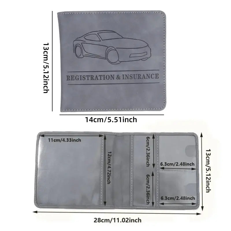 Men's grey card holder wallet with car illustration and Registration & Insurance engraving, opened to show slots
