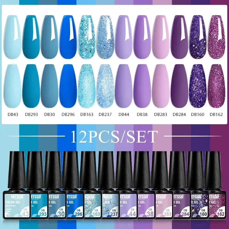 MTSSII 12pcs Gel Nail Polish Set; 12 bottles of nude, pink, blue, purple and glitter UV gel shades soak-off manicure