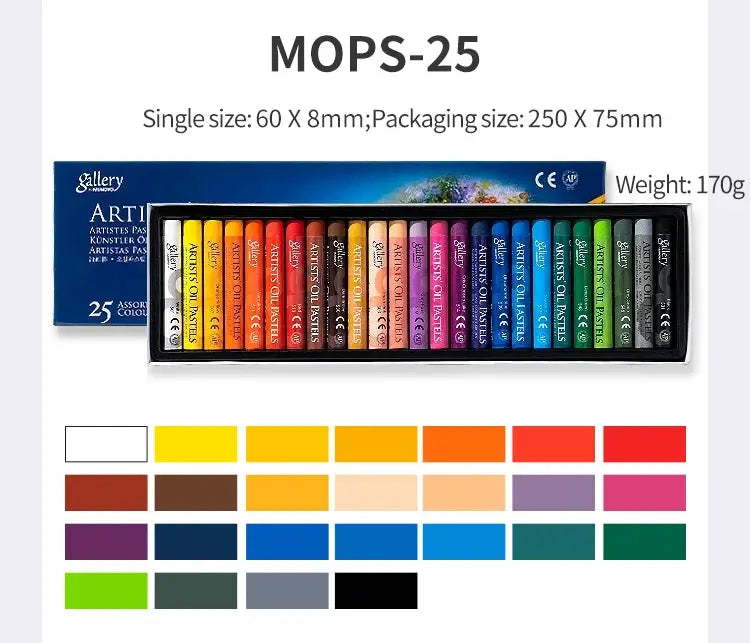 Simples Market MOPS-25 oil pastel set, 25 colors, in blue box with color swatches