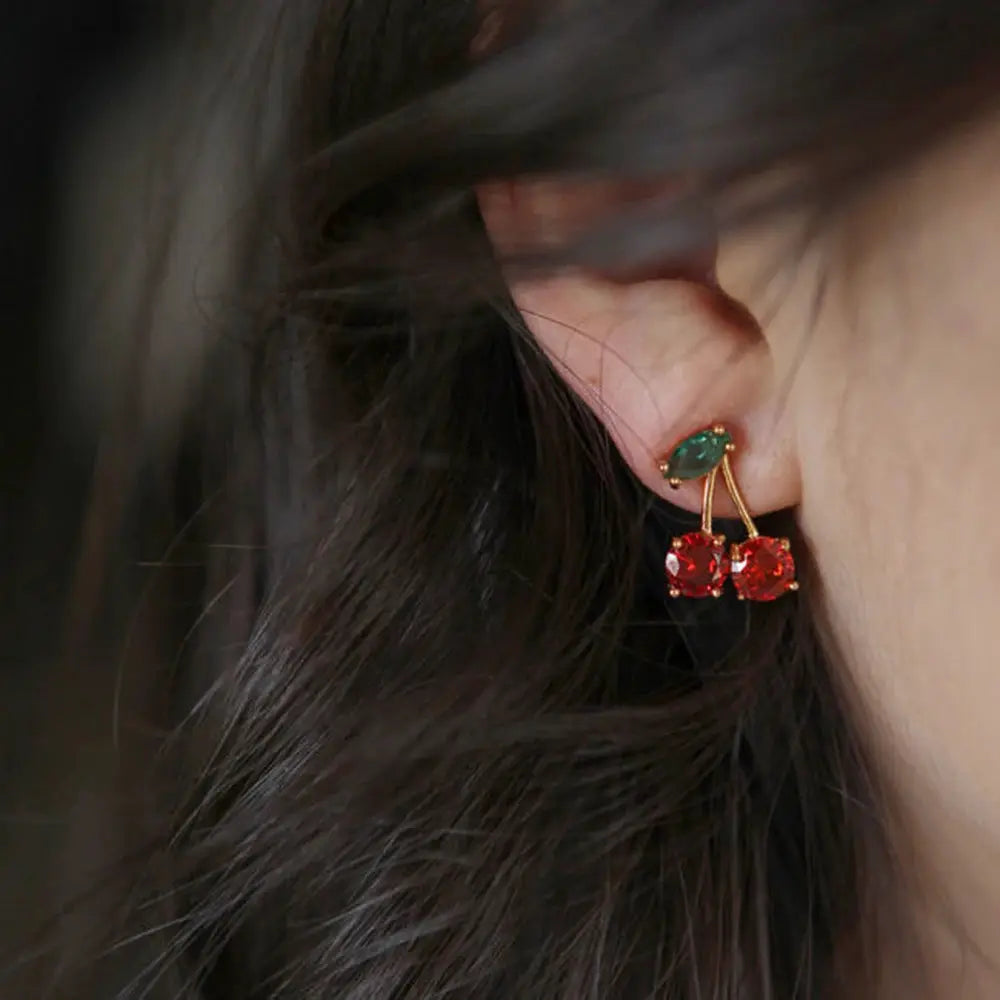 2024 Red Zircon Cherry Leaf Stud Earrings For Women Fashion Jewelry Crystal Accent Party Prom Birthday Wedding Gift