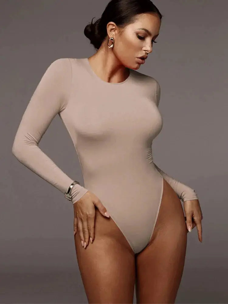 Nova O Neck Long Sleeve Bodysuit White Polyester Cotton Blend Slim Fit For Autumn Winter Streetwear