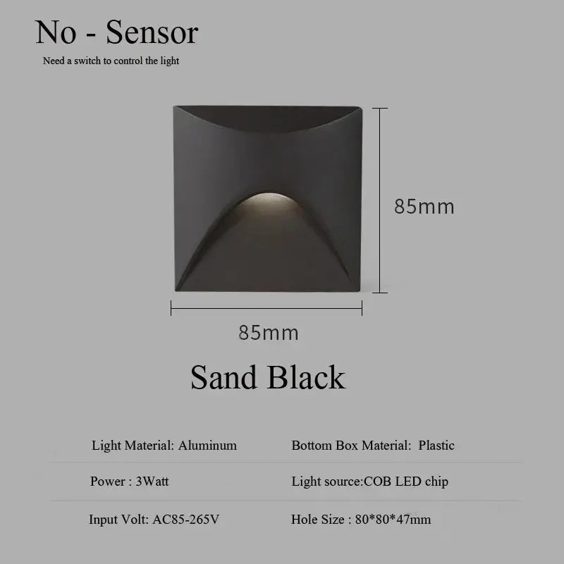 Outdoor recessed wall lamp Sand Black by Simples Market, 85mm square aluminum body, IP65 waterproof, 3W COB LED
