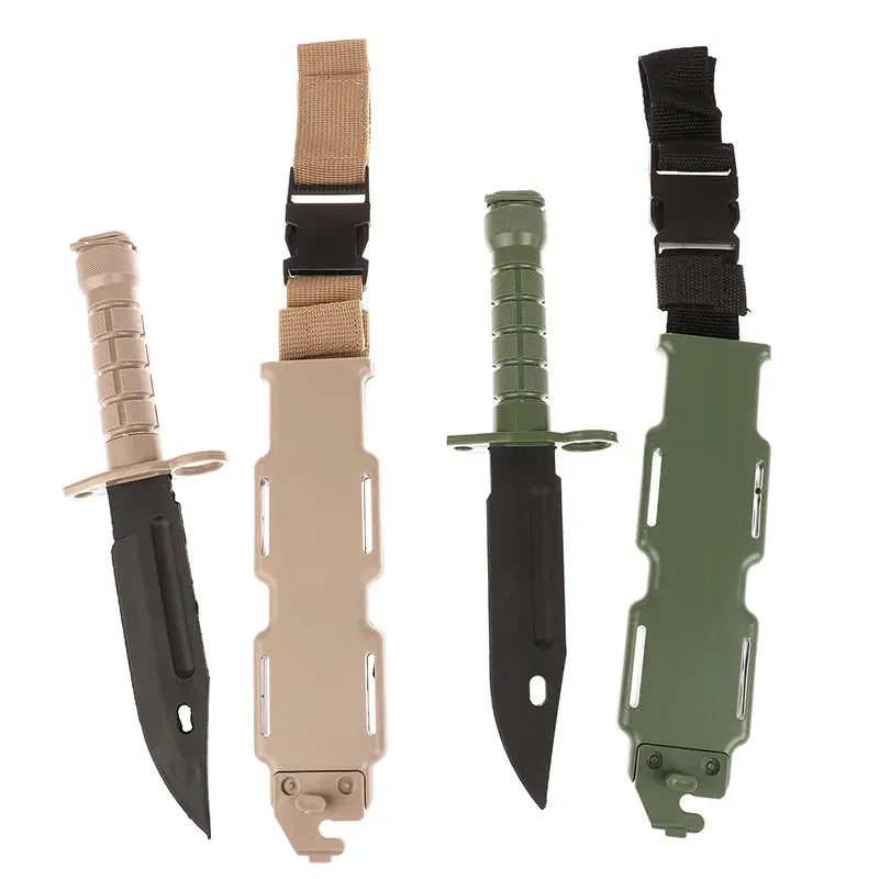 Simples Market M9 tactical rubber knife set, four knives with tan, khaki and green handles in plastic sheaths