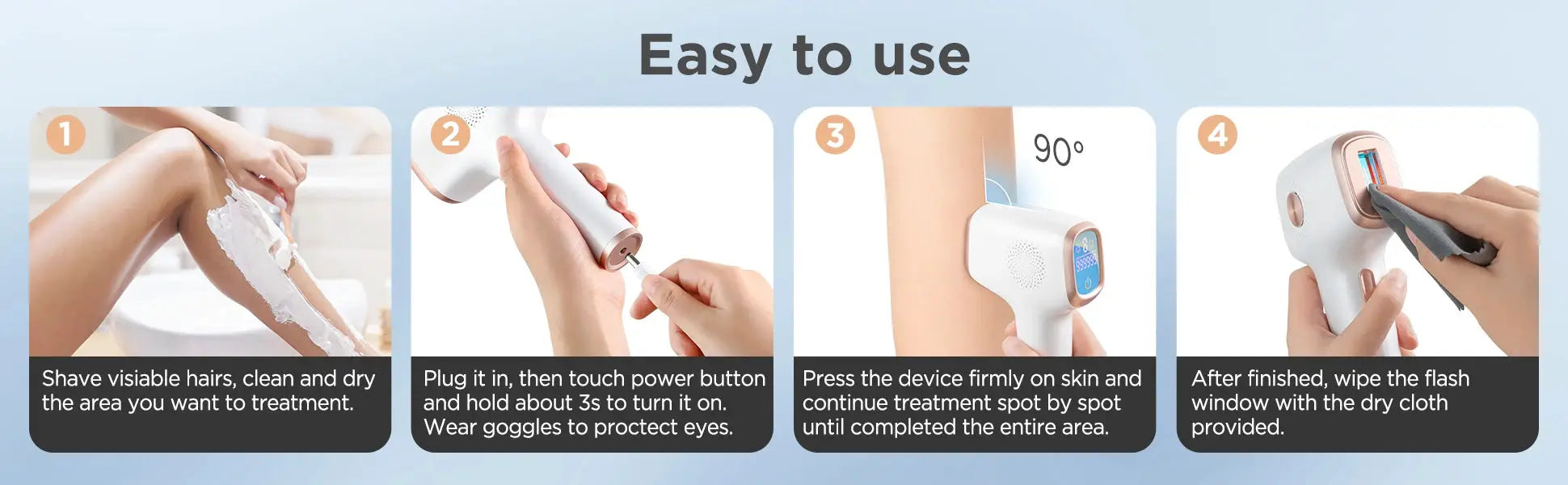 INNZA IPL hair removal device with ice-cooling by Simples Market; four-step usage guide