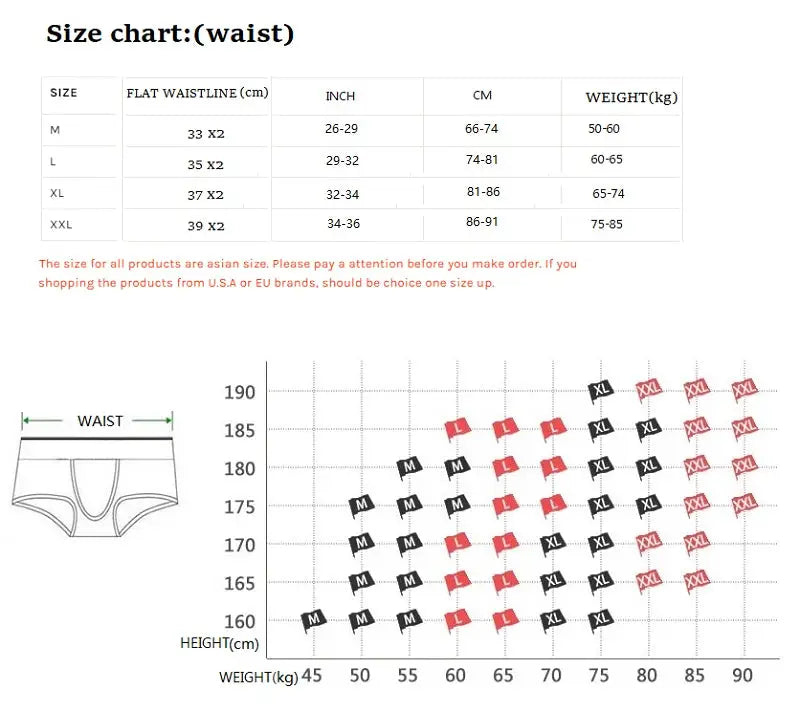 SEOBEAN men's sports running training shorts with inner shorts; waist size chart and shorts illustration.
