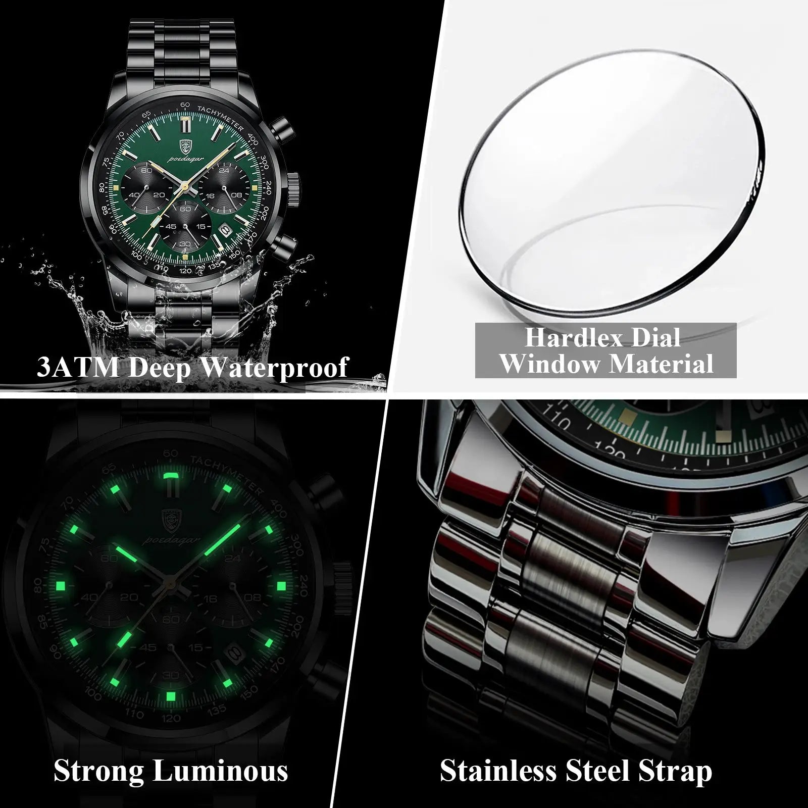 POEDAGAR top luxury men's stainless steel watch with green chronograph dial, luminous hands, 3ATM waterproof