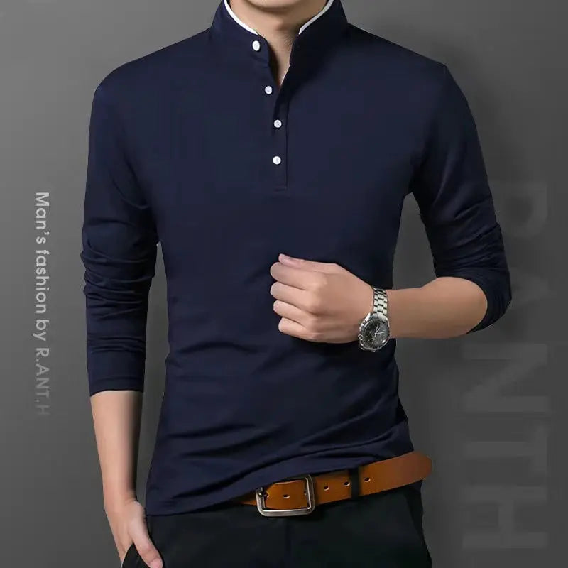 Men's Simples Market navy long-sleeve polo shirt with white-button placket for business casual occasions