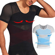 Simples Market men's mesh body shaper undershirt; short-sleeve compression top with belly control, shown in black with blue/gray inset.