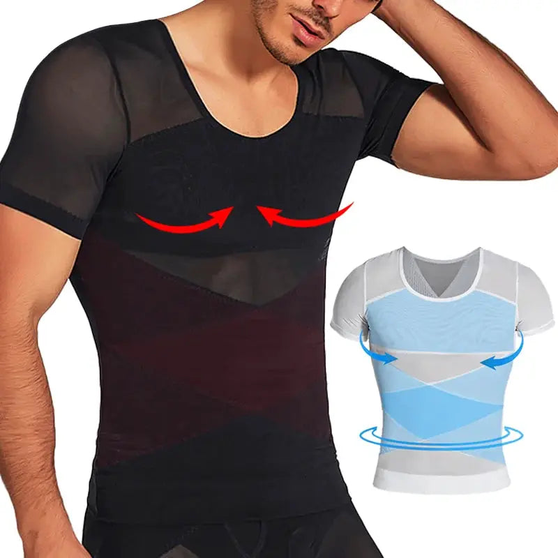 Simples Market men's mesh body shaper undershirt; short-sleeve compression top with belly control, shown in black with blue/gray inset.