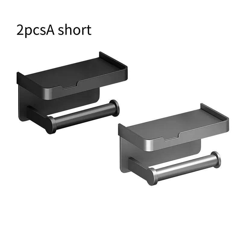 Aluminum alloy toilet paper holder with shelf, wall-mounted, 2-pack in black and silver by Simples Market