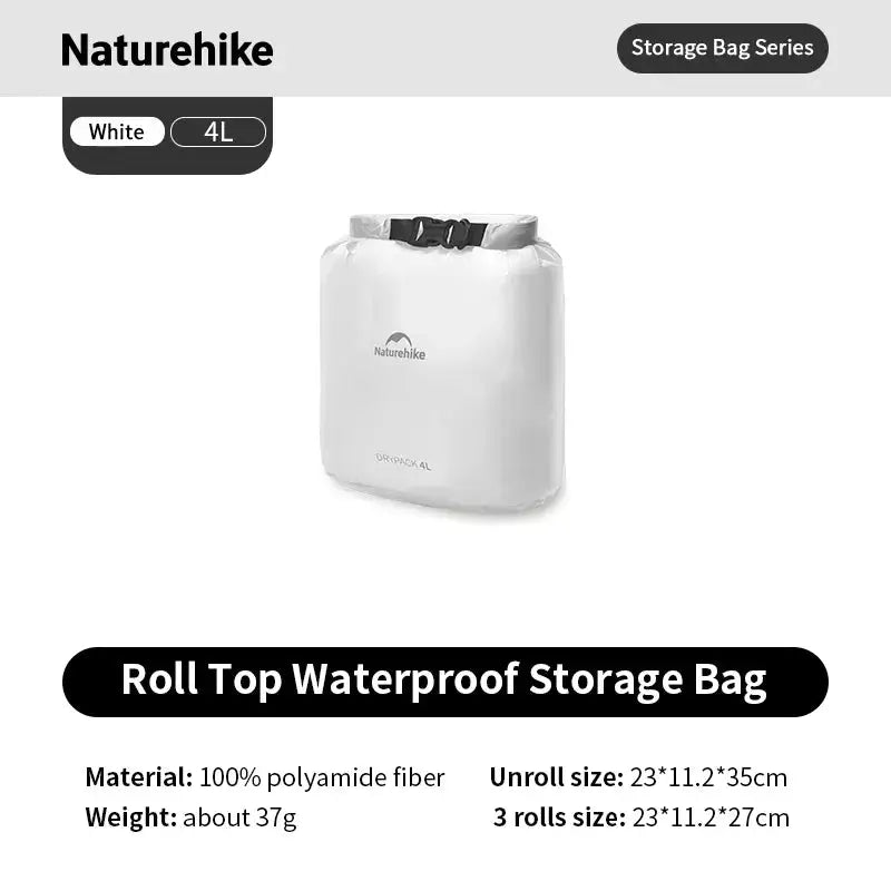 Naturehike roll-top waterproof storage bag, white 4L, lightweight polyamide fiber travel organizer