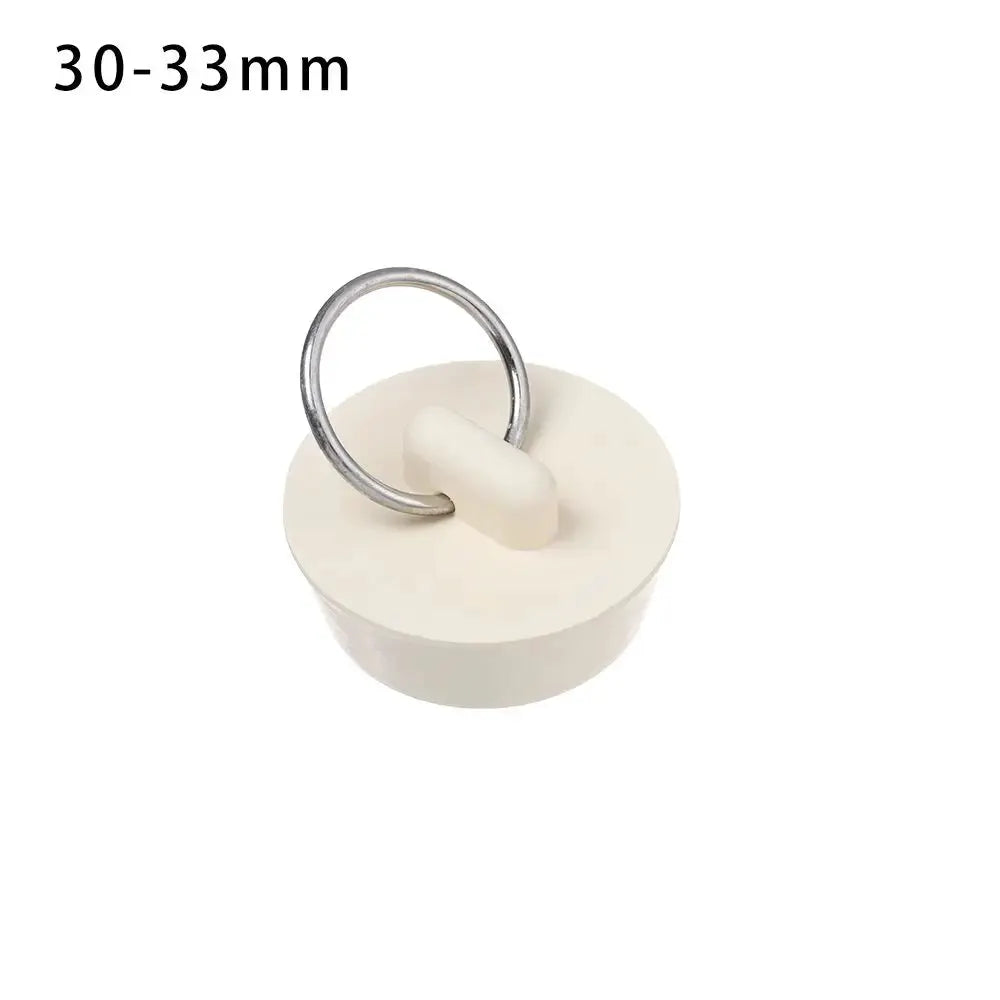 White rubber sink plug with metal lifting ring, 30-33 mm, bathroom drain stopper.