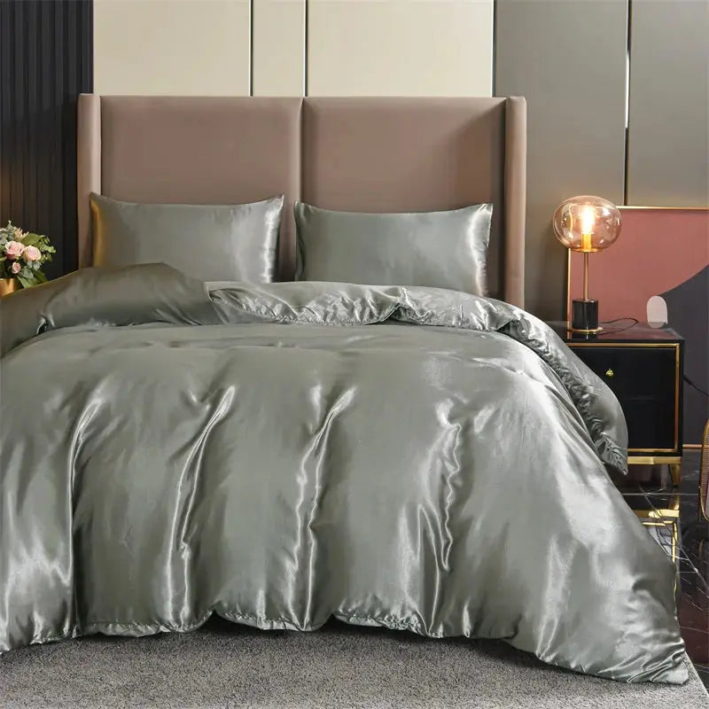 3pc satin duvet cover set for queen bed in silver-gray, silky soft and wrinkle-free