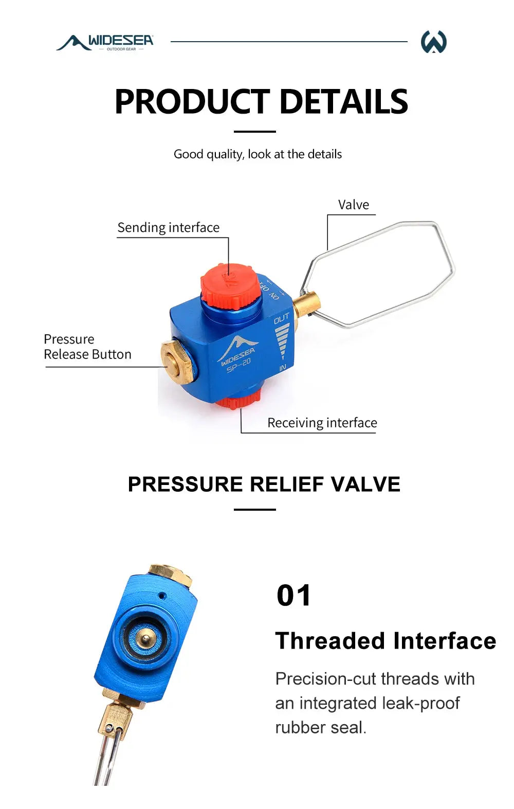 Widesea pressure relief valve adapter for propane refill, blue body with brass fittings and hex loop handle