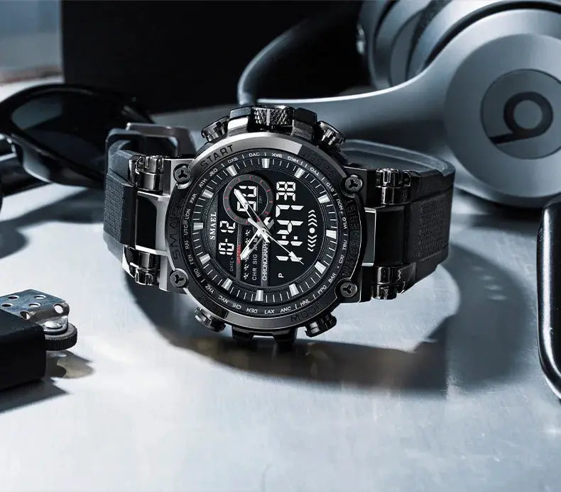 SMAEL 8141 men's digital sport watch with alloy case and black TPU strap, 50m water resistant.