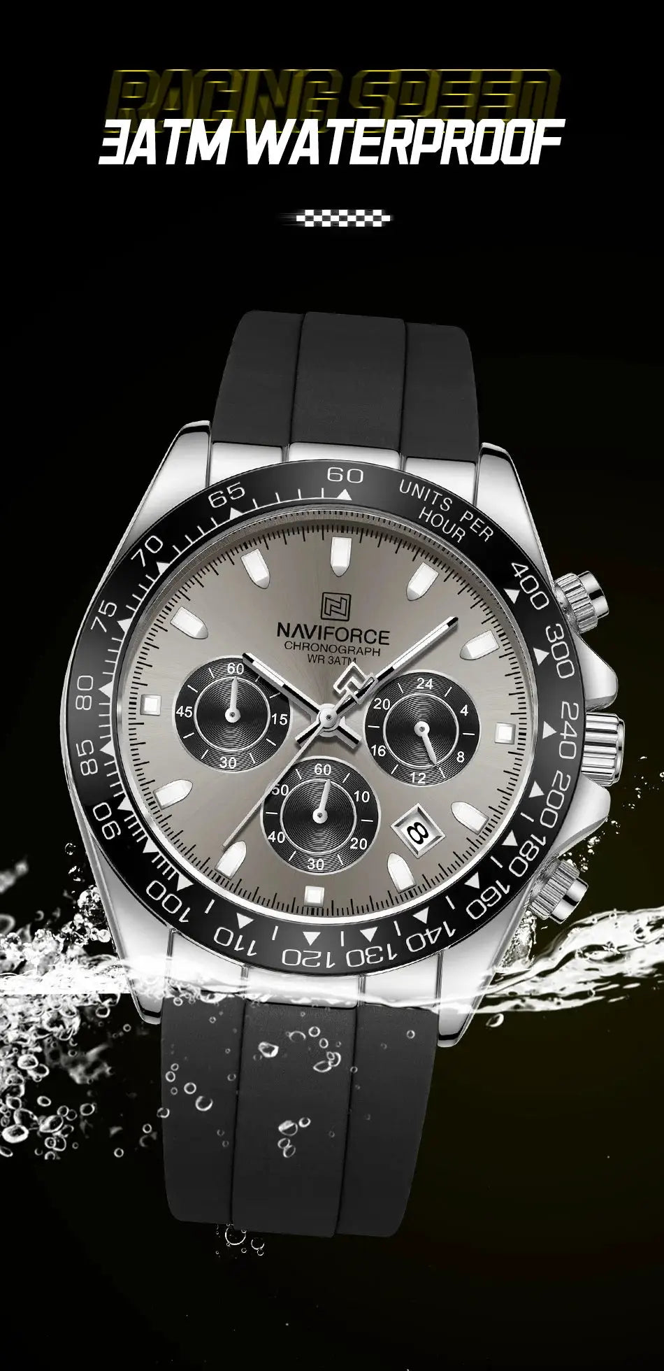 Naviforce men's chronograph watch with silver dial, black silicone strap, waterproof tachymeter bezel