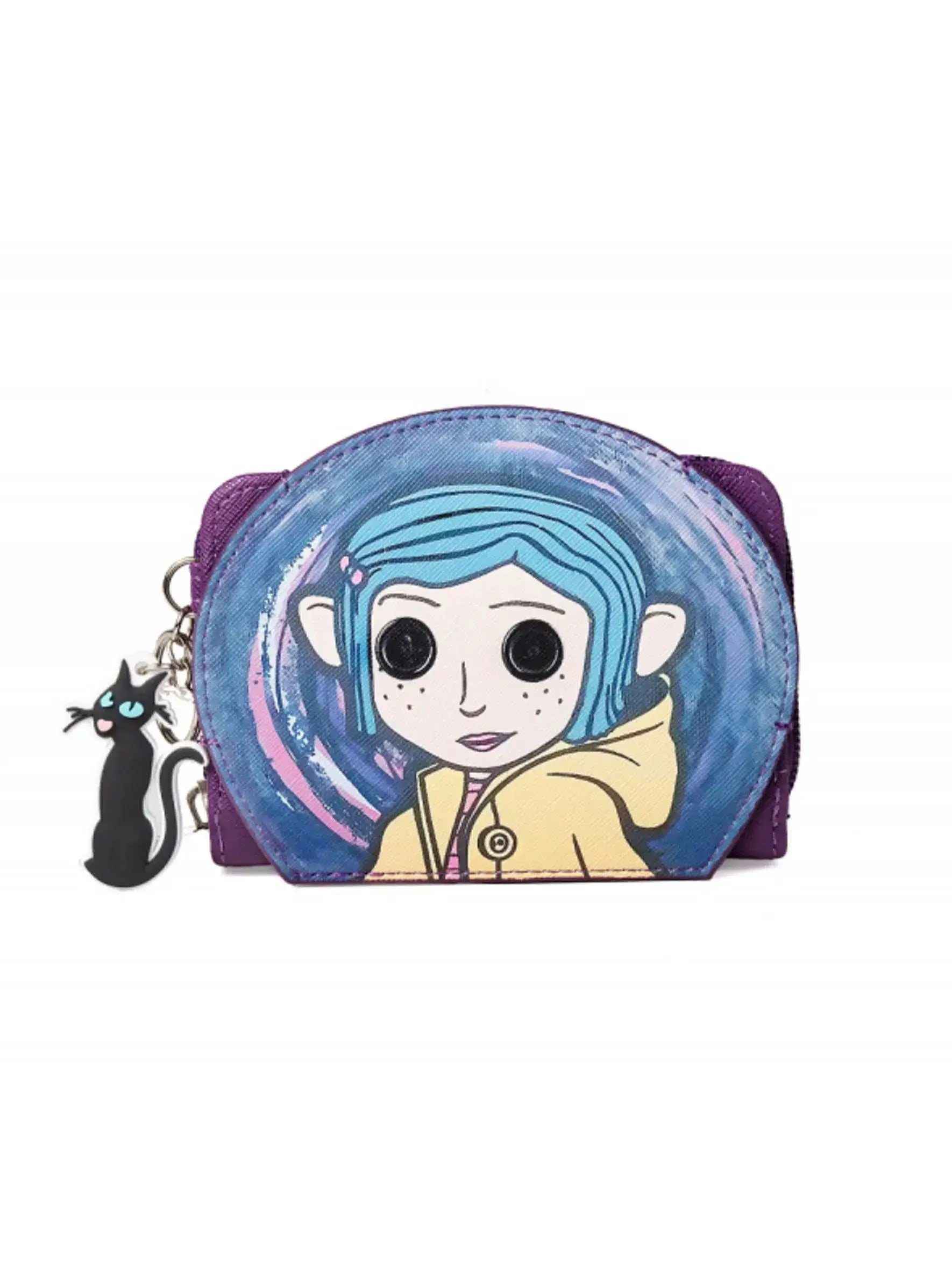 Caroline Sweet Cartoon Coin Purse; blue-haired girl design, purple trim, cat charm keychain
