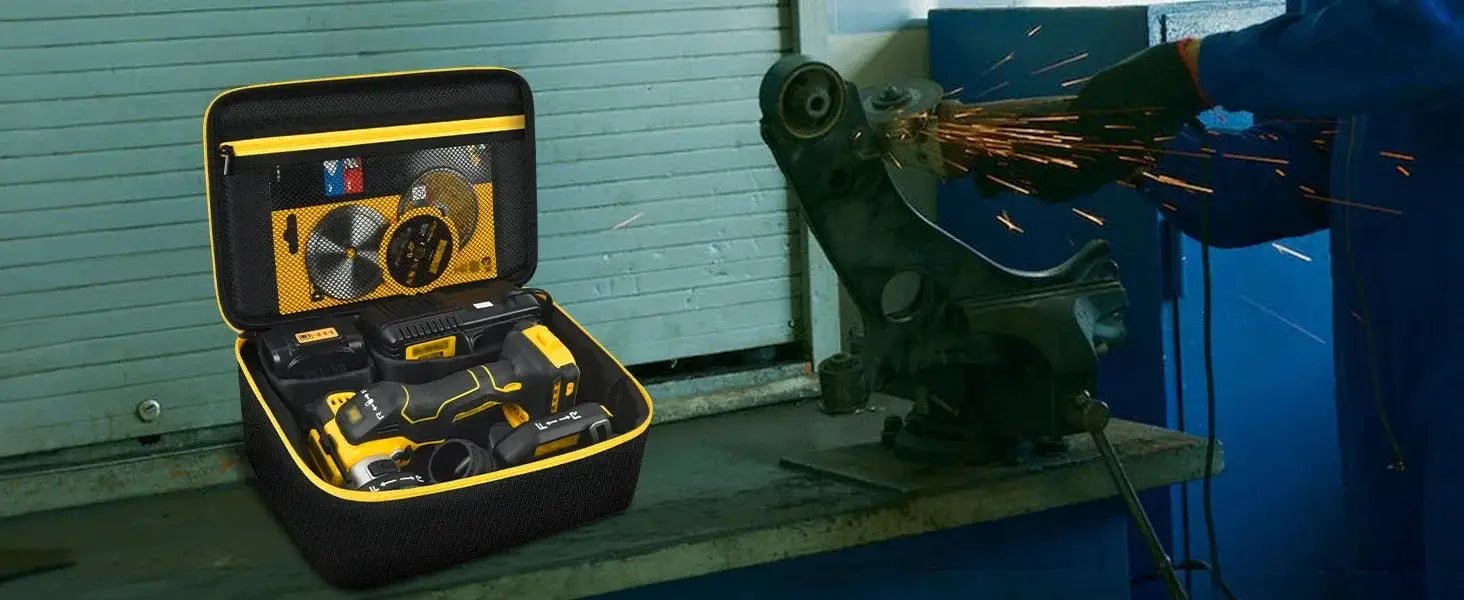 Simples Market storage bag with yellow trim, open to show multiple DEWALT 20V MAX tools inside.