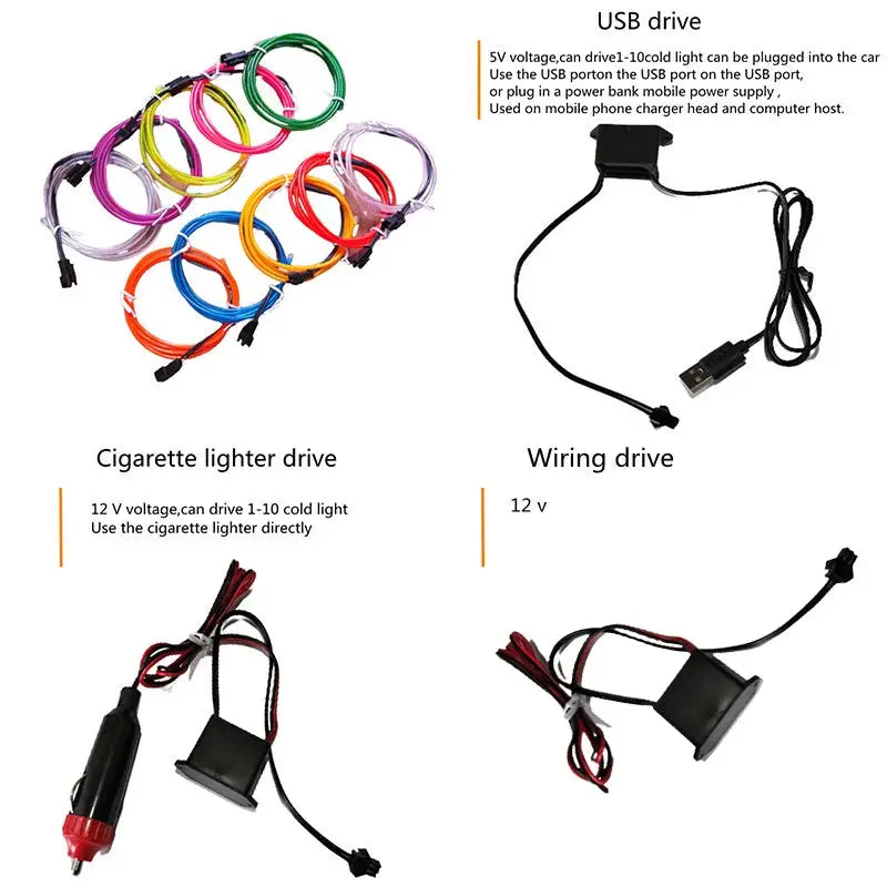 1M 3M 5M Neon LED Car Interior Decorative Lamp Strips USB Powered DIY Dashboard Console Ambient Cool Light