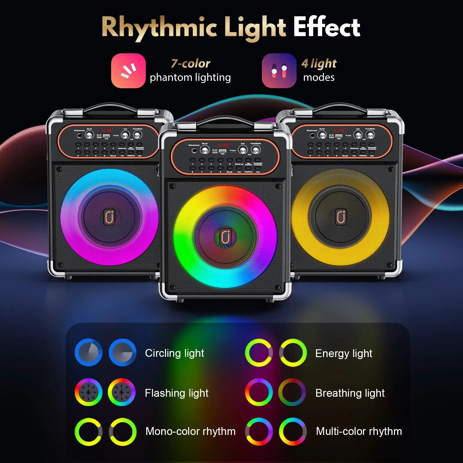 S68 Kara Ok portable Bluetooth speaker by Simples Market with 2 microphones; RGB LED rings, 3 units shown