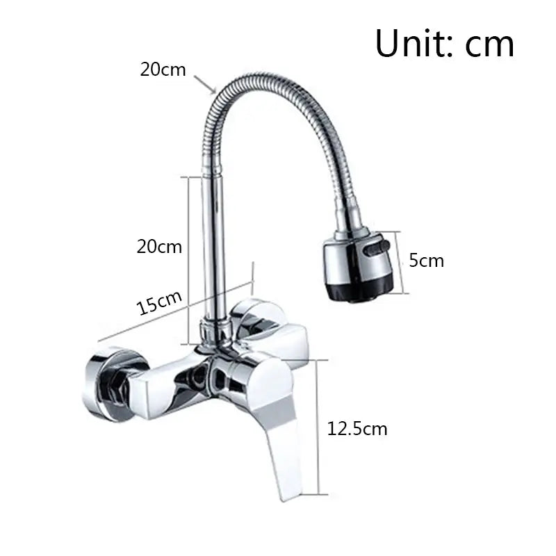 Chrome wall-mounted dual-hole kitchen faucet with flexible gooseneck spray head, 360° rotation, hot-cold lead-free mixer