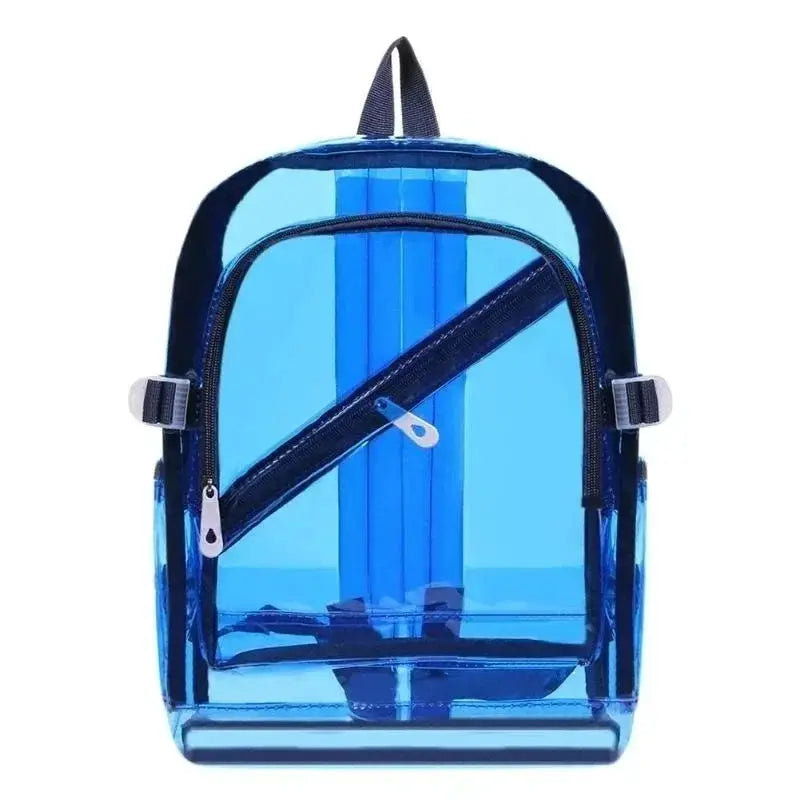 Transparent blue PVC backpack with diagonal front zipper and top carry handle