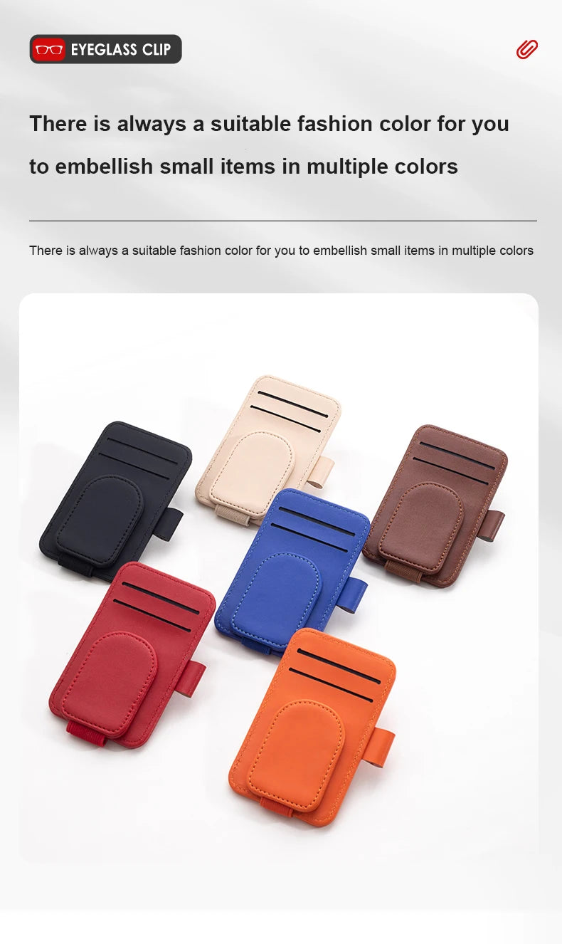 Leather car sun visor sunglasses holders with magnetic clips and card slots in six colors