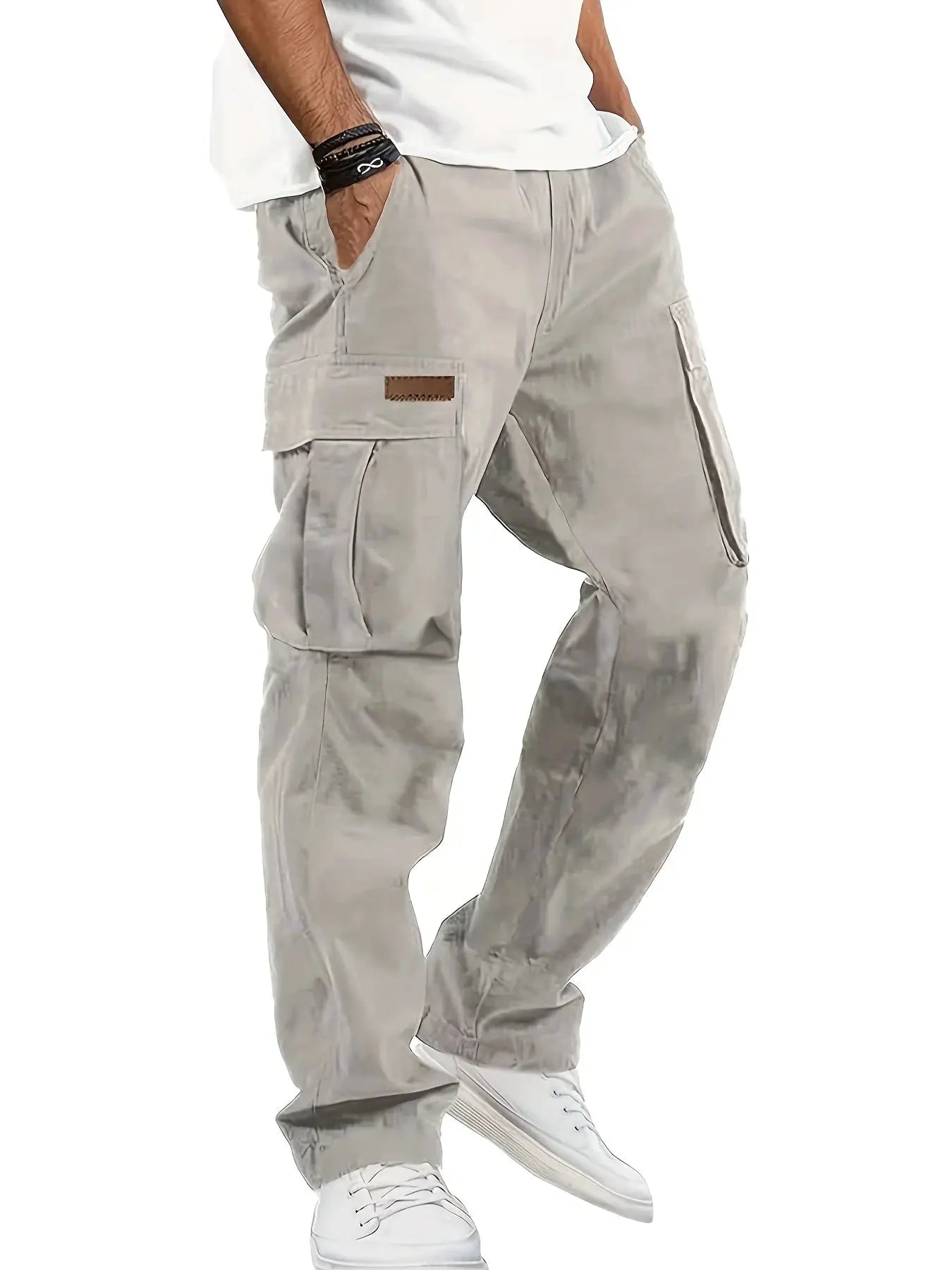 Men's cargo workwear pants in light gray with thigh pockets and a loose straight leg