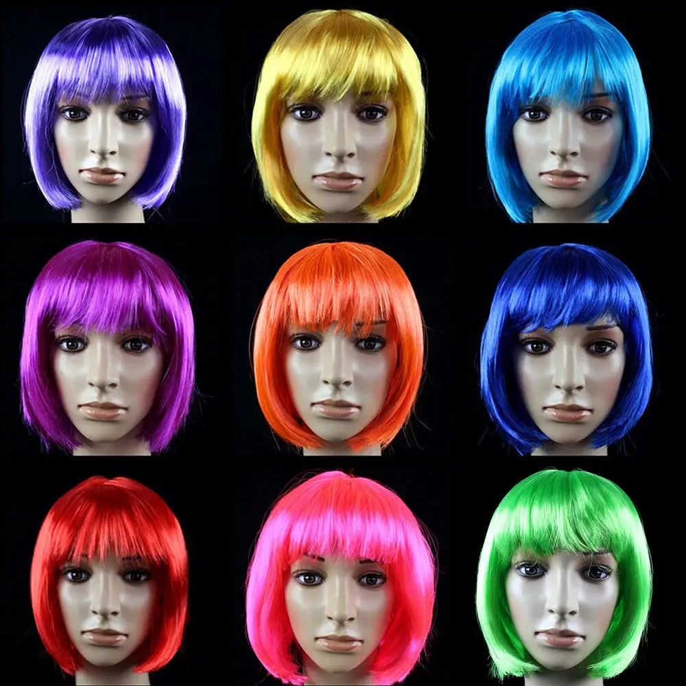 Bob wig set by Simples Market; nine colorful short bob wigs in purple, yellow, blue, orange, red, pink and green.