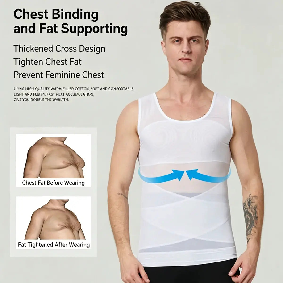 Men's white compression undershirt with abdomen control and cross-wrap support