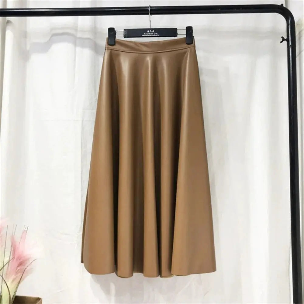 Women's PU leather midi skirt, camel brown, high-waisted A-line flare by Simples Market