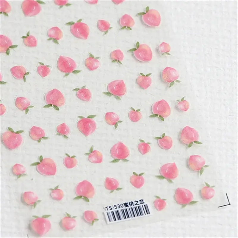 Nail art stickers sheet with pink peach motifs, self-adhesive 5D kawaii decals by Simples Market