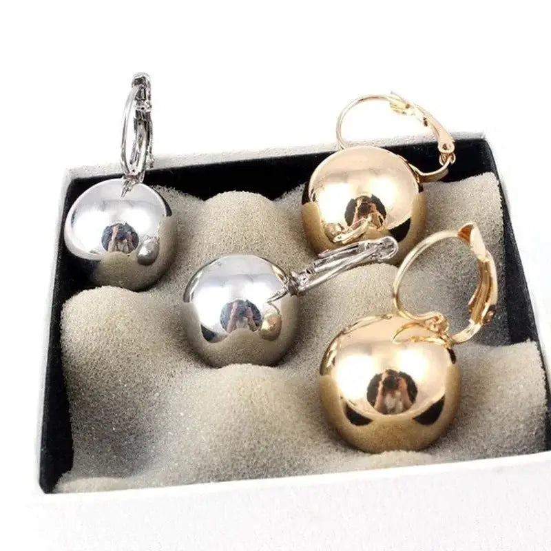 Huitan ball drop earrings set: silver and gold-tone spherical earrings with lever-back clasps, set of 4
