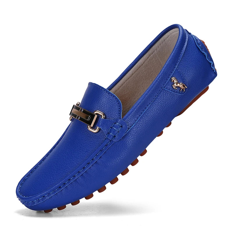 Men's blue PU leather loafer slip-on with metal buckle strap and brown studded sole