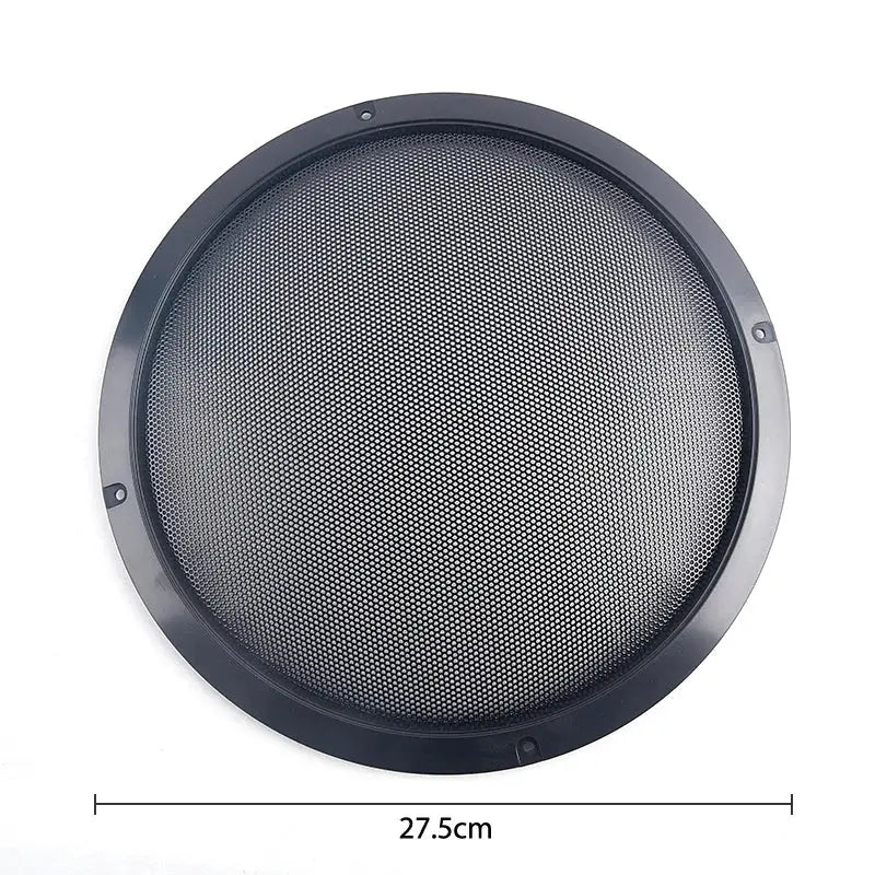 Round speaker grille with dark gray metal mesh and plastic frame, 27.5 cm diameter.