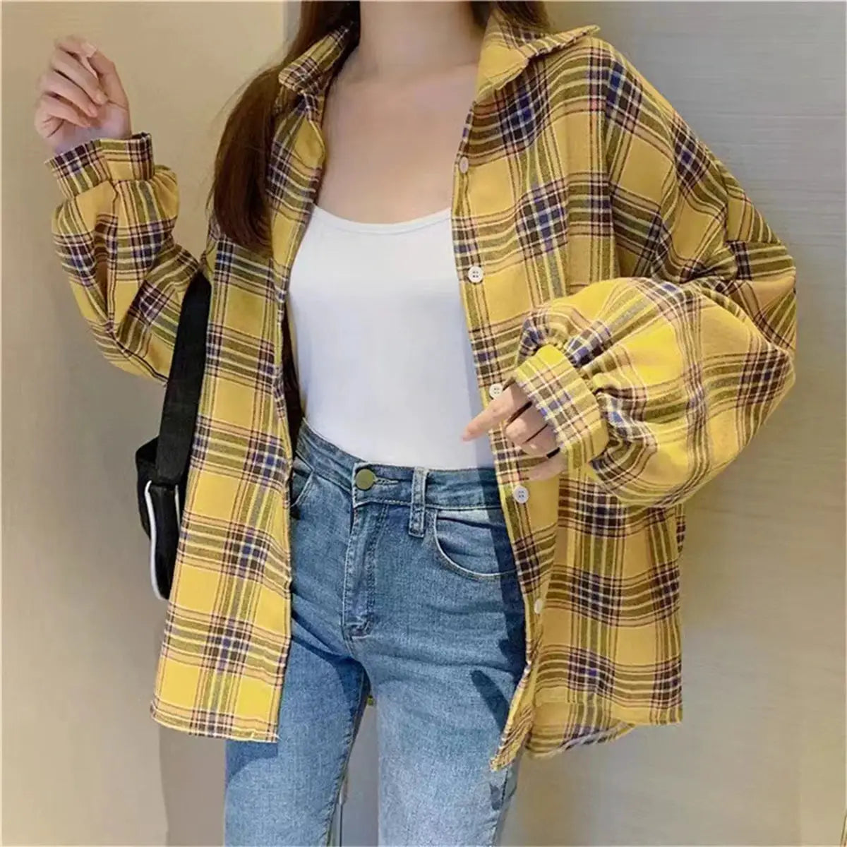 Korean plaid blouse for women, yellow check oversized long-sleeve shirt with button-down front