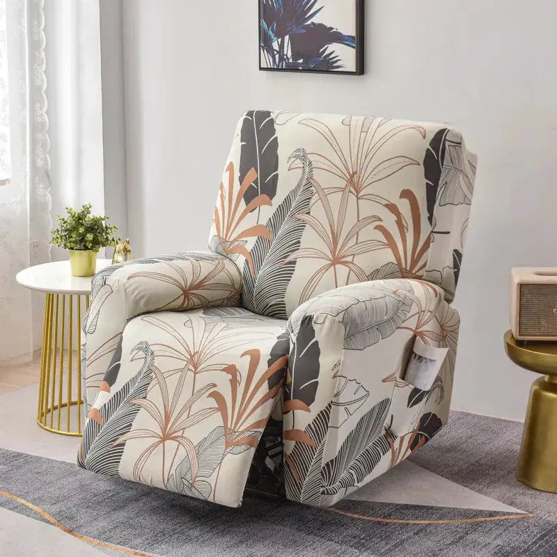 Recliner chair cover by Simples Market in beige botanical leaf print, stretch fabric