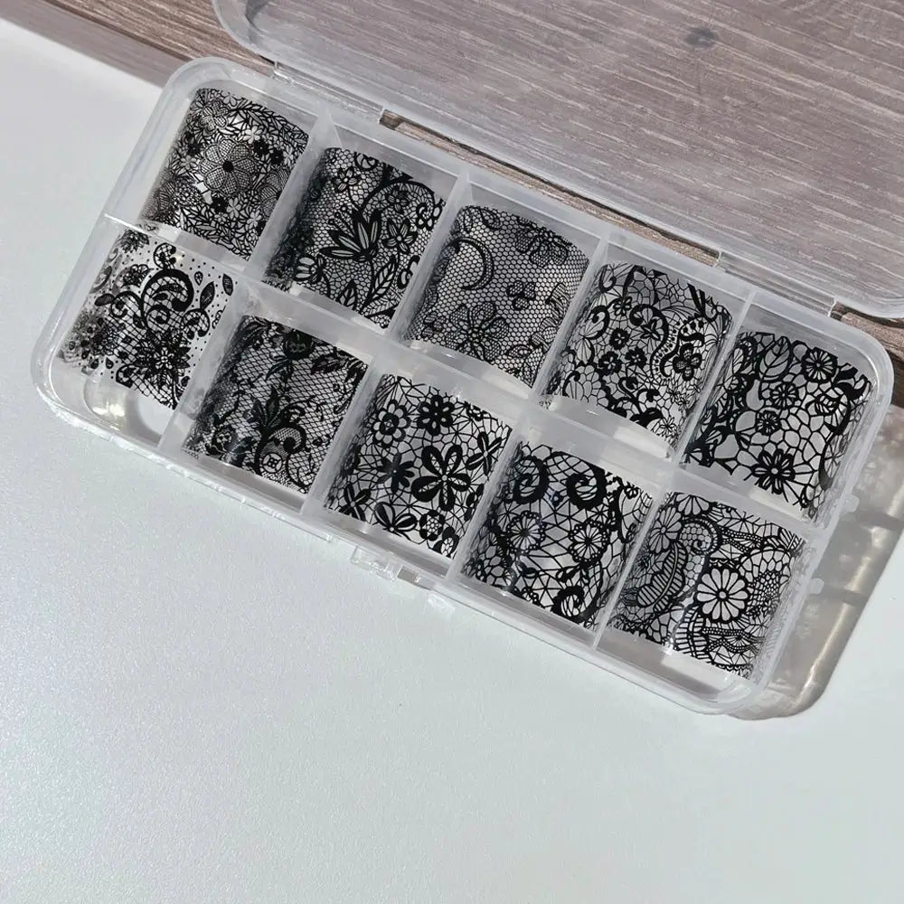 12 black-and-white lace nail decals in a clear storage case for full-wrap nails and DIY French manicure
